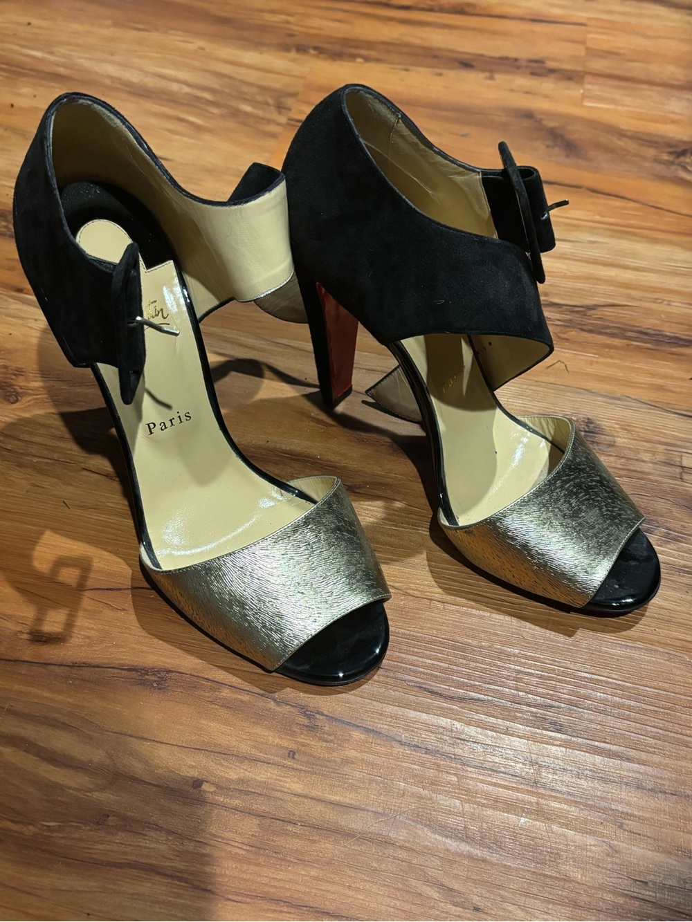 Christian Louboutin Black and Gold Peep-Toe High Heel Sandals